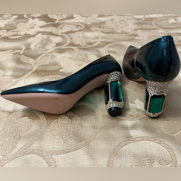 FSJ Women Pointed Toe Chunky Block Crystal High Heel Emerald Green - Picture 2 of 4